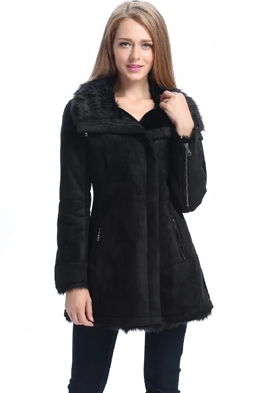 women's double-breasted coat -BGSD Women's "Zara" Zip Front Faux Shearling Coat