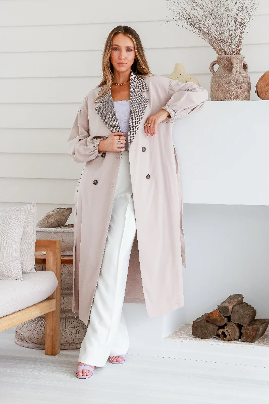 elegant wool cape for women -Dreamhouse Gingham Trim Trench Latte