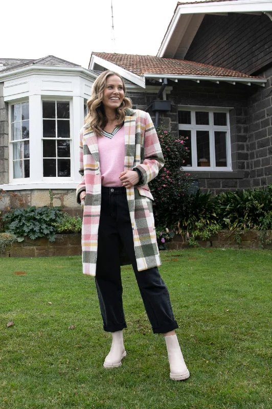 double-layered long coat for women -Elm Blanche Coat-Bold Check