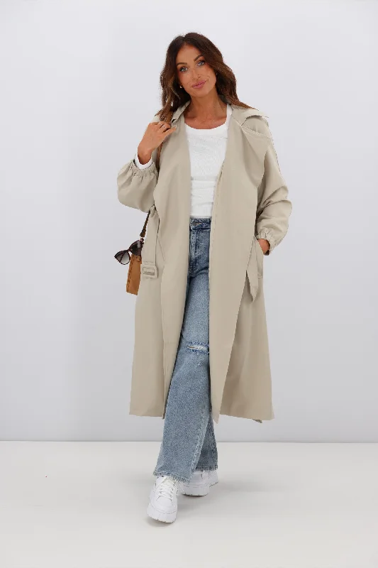 lightweight packable jacket for women -Fria Stella Drape Blousen Sleeve Trench Coat Sand