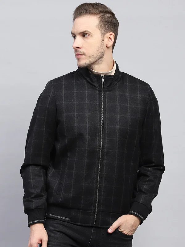 women's winter coat -Men Black Check Mock Neck Full Sleeve Coat