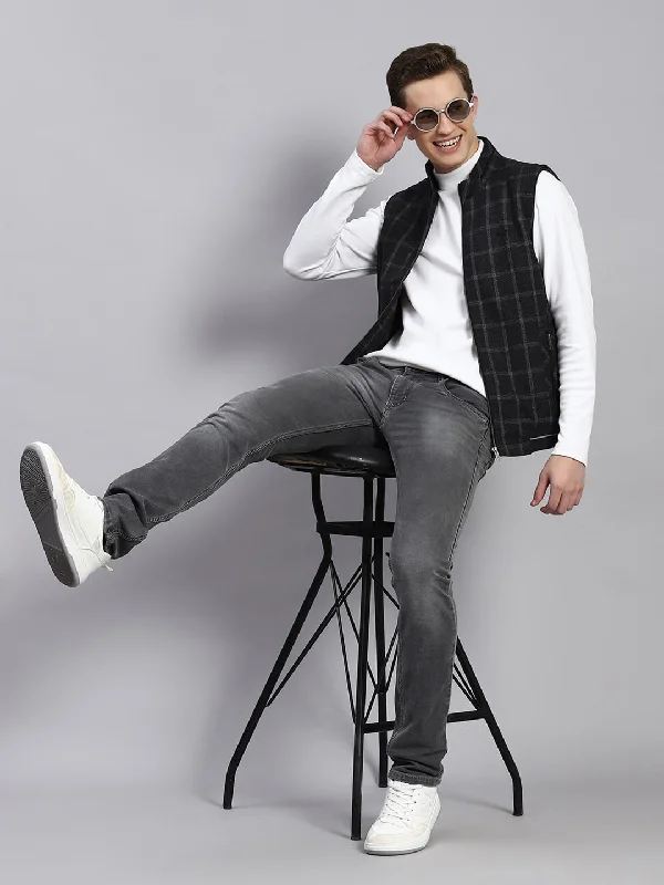 ladies' faux suede jacket -Men Grey Check Coat