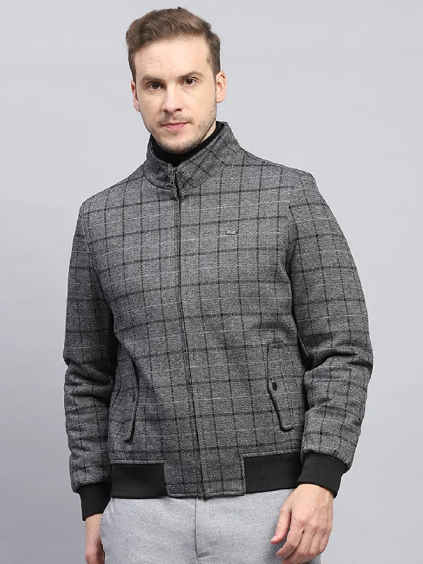 ladies' puffer jacket -Men Grey Check Mock Neck Full Sleeve Coat