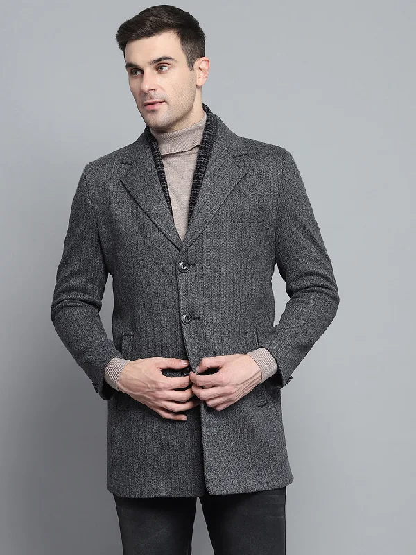 sleek minimalist coat for women -Men Grey Solid Notch lapel Collar Full Sleeve Coat