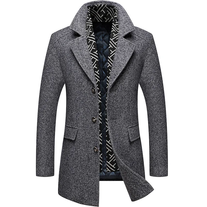 ladies' fleece zip-up jacket -Men's Wool Thicken Trench Coat With Scarf