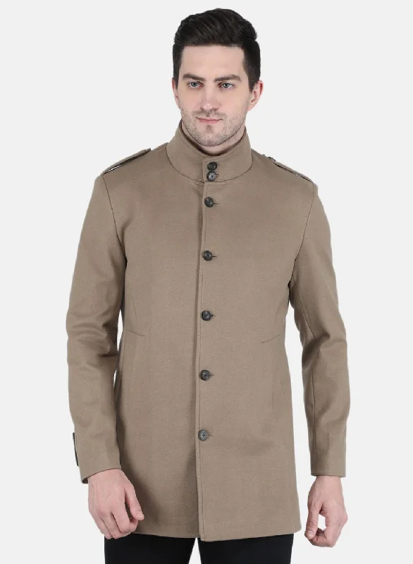 women's asymmetrical zip jacket -Men Khaki Solid Coat