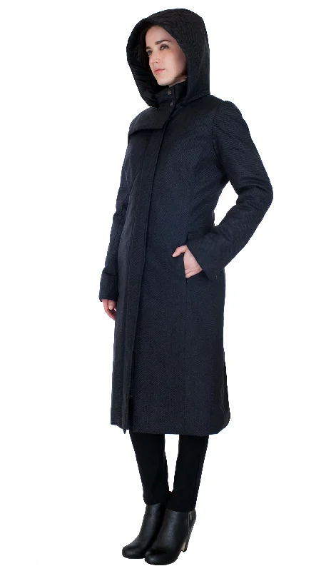 women's slim fit blazer -Hooded Mock Neck Zip Maxi Coat w/ Thinsulate Quilted Liner/ Charcoal Black Twill Wool Texture