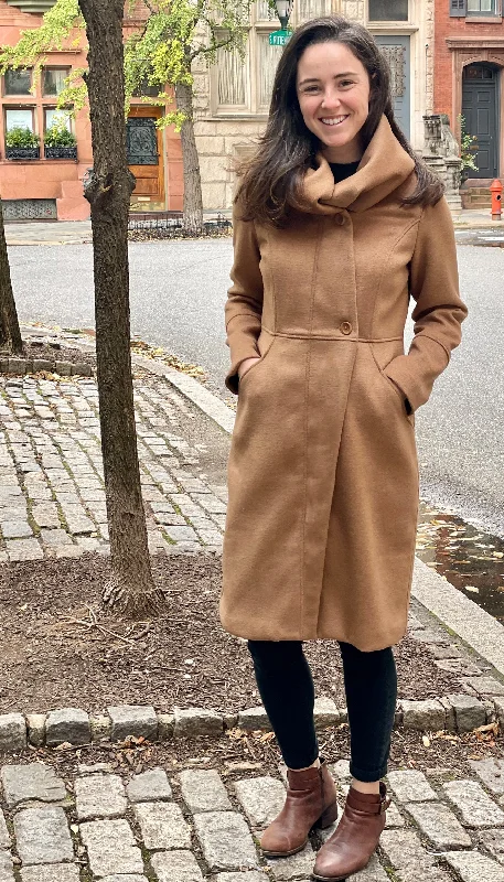 women's long trench coat -Cowl/Hood Zip Coat / Camel