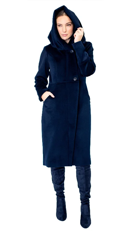 ladies' wool overcoat -Cowl/Hood Zip Coat / Navy plush