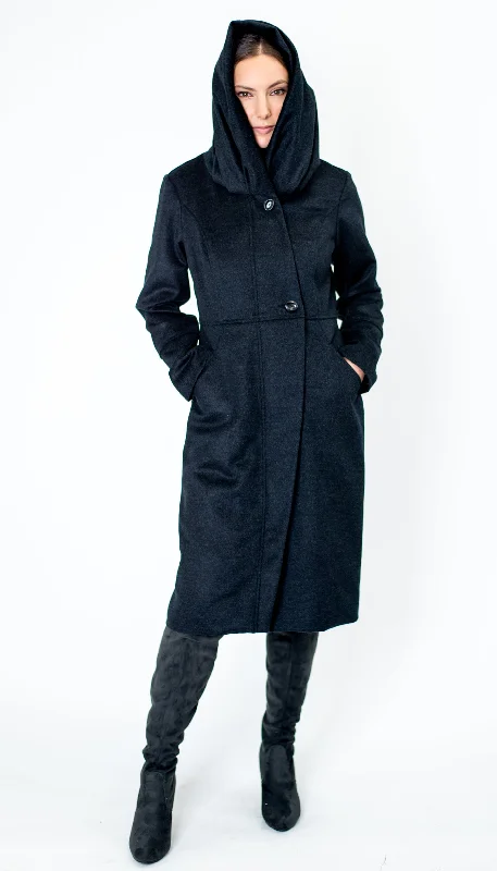 casual coats for women -Cowl/Hood Zip Coat/ Dk. Charcoal