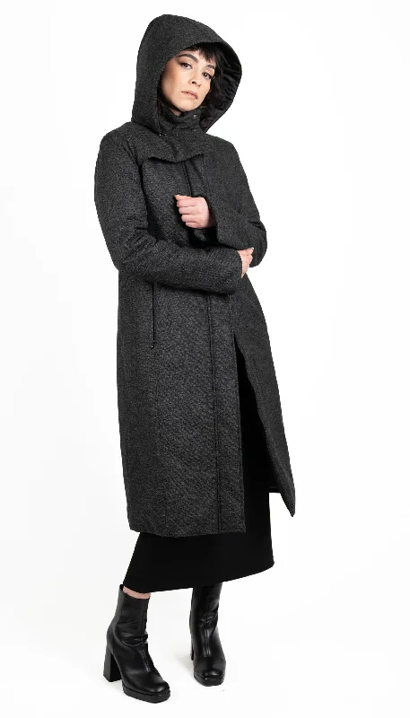 stylish leather jacket for women -Hooded Mock Neck Zip Maxi Coat w/ Thinsulate Quilted Liner/ Charcoal Canvas Wool Texture