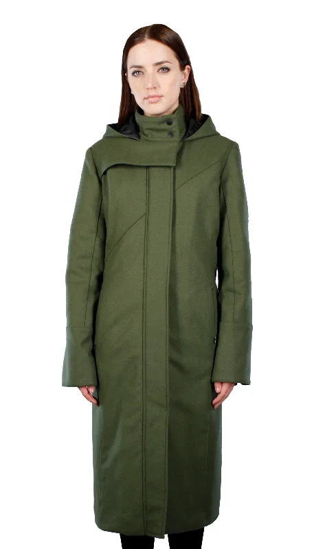 waterproof hiking jacket for women -Hooded Mock Neck Zip Maxi Coat w/ Thinsulate Quilted Liner/ Olive Wool