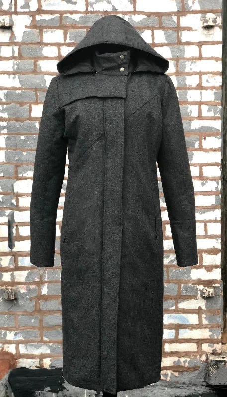 women's cropped bomber jacket -Hooded Mock Neck Zip Maxi Coat w/ Thinsulate Quilted Liner/ Charocal Storm Wool