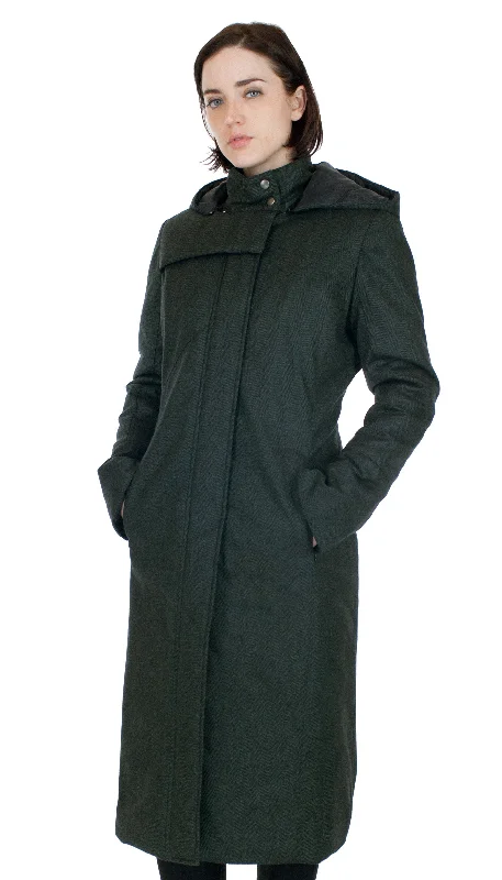 classic women's wool coat -Hooded Mock Neck Zip Maxi Coat w/ Thinsulate Quilted Liner/ Green Wool Herringbone